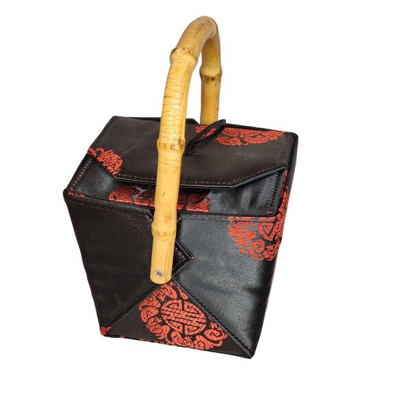 Tozai Chinese Takeout Box Purse Vintage Black & Red Satin Bamboo Top Handle - Picture 2 of 7